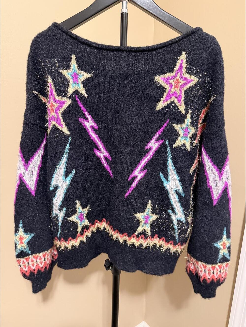 Pilcro Fuzzy Star Sweater Women’s XL Black Multicolor Metallic Lightning Bolt